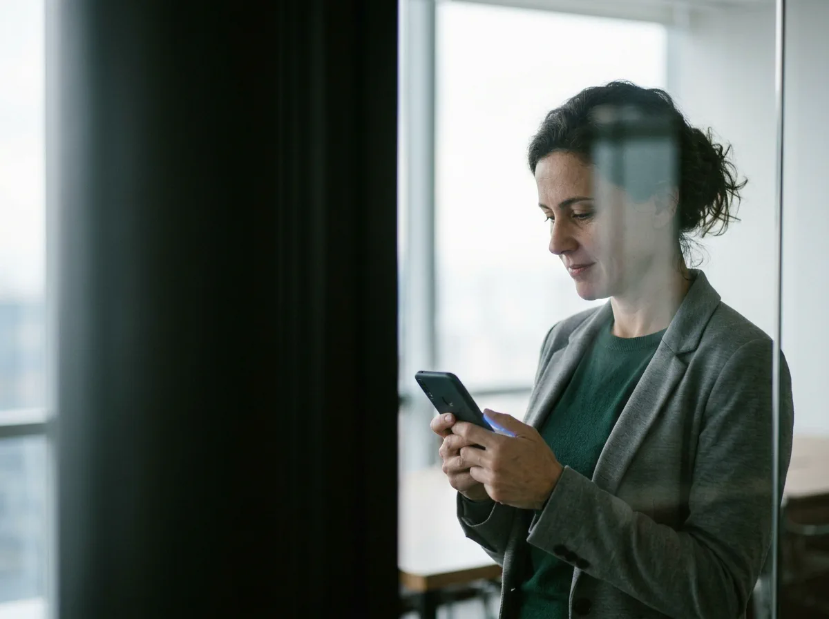 Uma mulher de blazer, de pé junto à janela de um escritório, lê no celular a lista de contatos do dia.